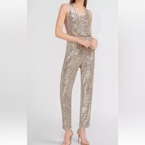 Nwt gorgeous express one piece, jumpsuit, tapered ankle in champagne sequins